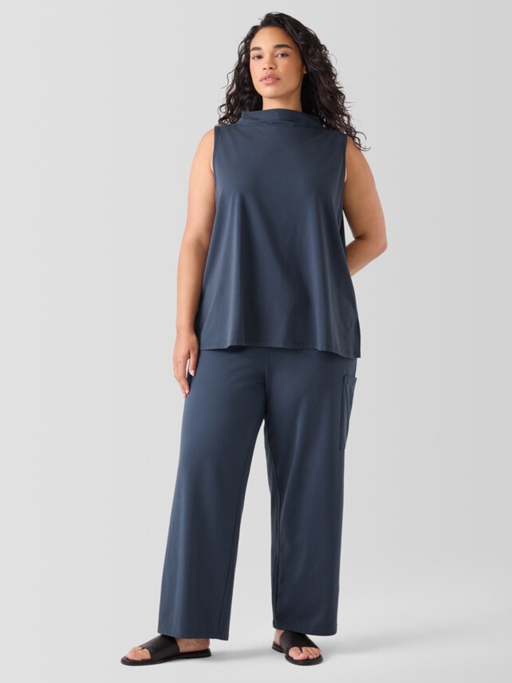 Eileen Fisher SET Cotton Stretch Wide Leg Pants Mock Neck Top Large Ocean Blue
